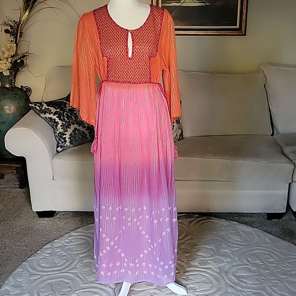 Novica Embroidered  Tie-Dyed Empire Waist Maxi Dress